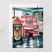 50sヴィンテージレトロジュークボックス、ダイナー、お誕生日ケーキ ポストカード (正面/裏面)