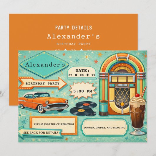 50's Retro Turquoise & Orange Birthday 招待状 (正面/裏面)