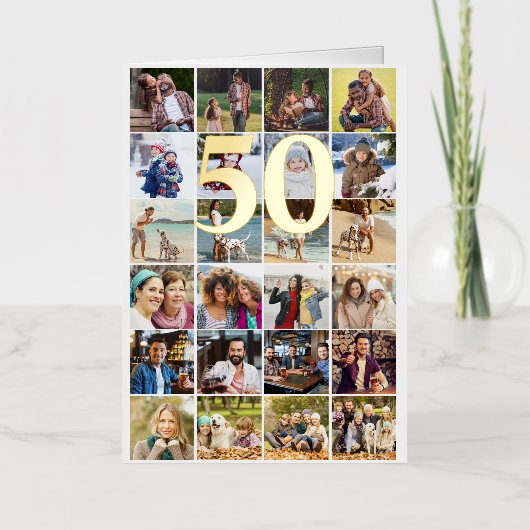 50thまたは任意の年齢の誕生日24フォトコラージュ金ゴールド 箔グリーティングカード (正面)