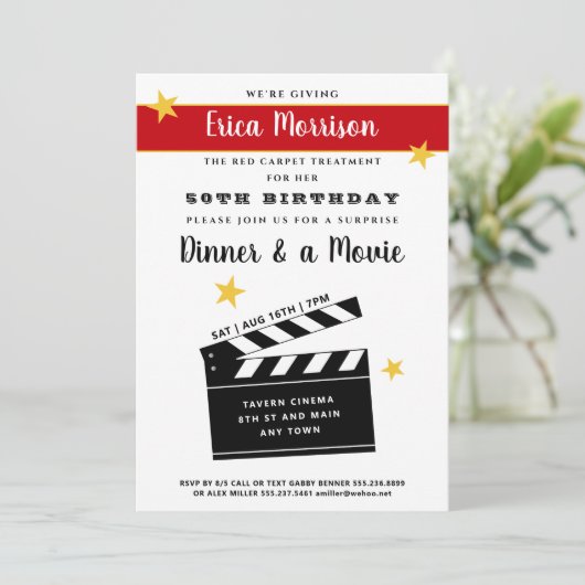 50thまたは任意の誕生日サプライズディナー&ムービーパーティー 招待状 (スタンド正面)