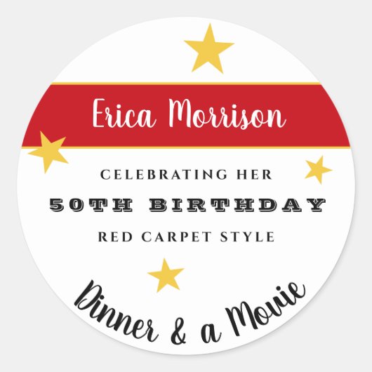 50thまたは任意の誕生日ディナー&ムービーパーティー ラウンドシール (正面)
