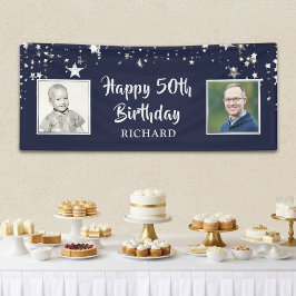 50thまたは任意の誕生日ネイビーブルースター2枚の写真 横断幕