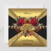 50thエレガントバースデーパーティレッドローゼズ金ゴールドブラック 招待状 (正面)