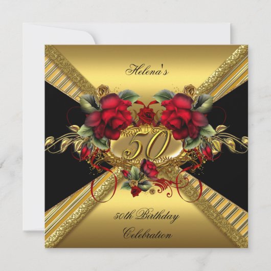 50thエレガントバースデーパーティレッドローゼズ金ゴールドブラック 招待状 (正面)
