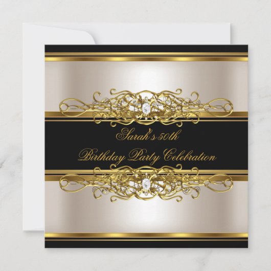 50thエレガントバースデーパーティークリーム金ゴールドブラック 招待状 (正面)
