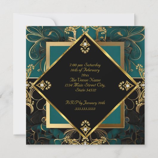 50thエレガントバースデーパーティージード金ゴールドブラック 招待状 (裏面)