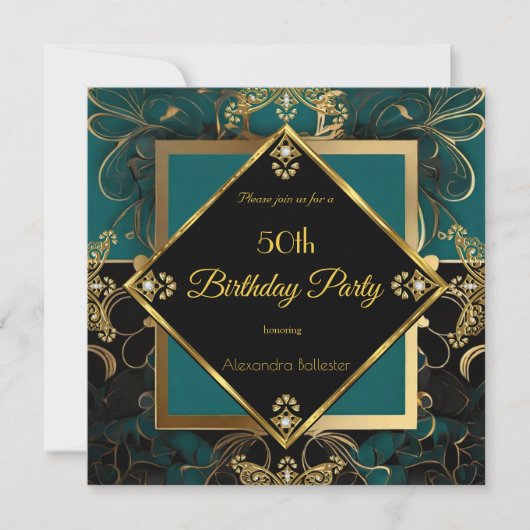 50thエレガントバースデーパーティージード金ゴールドブラック 招待状 (正面)