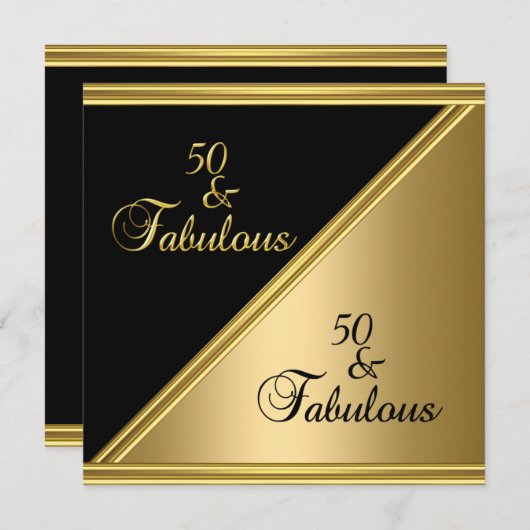 50thエレガントバースデーパーティーブラック金ゴールドフローラ 招待状 (正面/裏面)