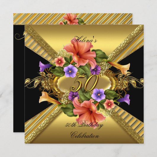 50thエレガントバースデーパーティーペチュニアス金ゴールドブラック 招待状 (正面/裏面)