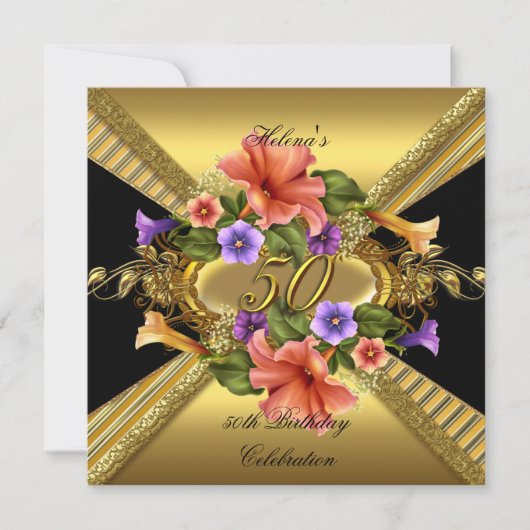 50thエレガントバースデーパーティーペチュニアス金ゴールドブラック 招待状 (正面)