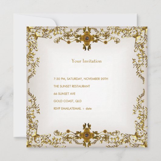 50thエレガントバースデーパーティーホワイトクリーム金ゴールドレース 招待状 (裏面)