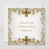 50thエレガントバースデーパーティーホワイトクリーム金ゴールドレース 招待状 (正面)