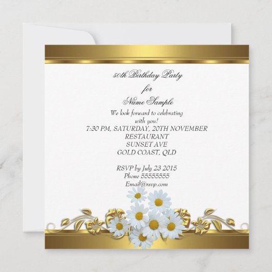 50thエレガントバースデーパーティーホワイトデイジー金ゴールド 招待状 (裏面)