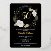 50thエレガントバースデーパーティーホワイトフローラリース 箔招待状 (正面)