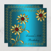 50thエレガントバースデーパーティーホワイト金ゴールドティール（緑がかった色）フローラ 招待状 (正面/裏面)