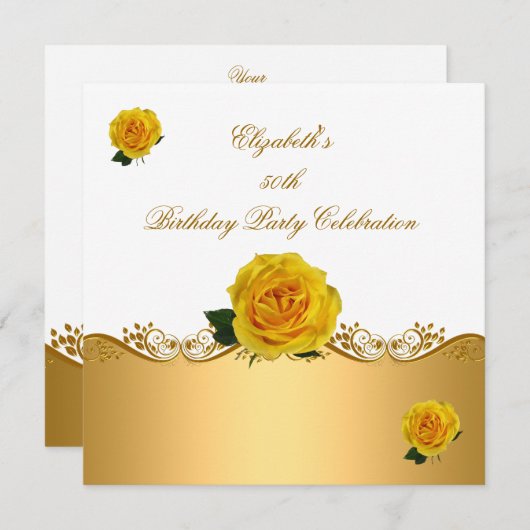 50thエレガントバースデーパーティー金ゴールドイエローローズ 招待状 (正面/裏面)