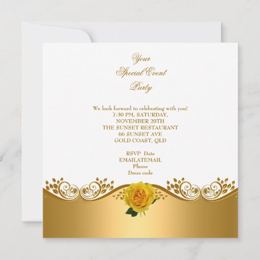 50thエレガントバースデーパーティー金ゴールドイエローローズ 招待状 (裏面)