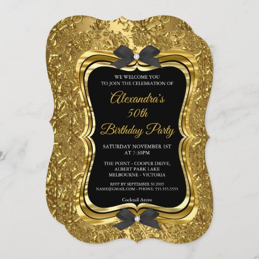 50thエレガントバースデーパーティー金ゴールドゴールデンブラック2 招待状 (正面/裏面)