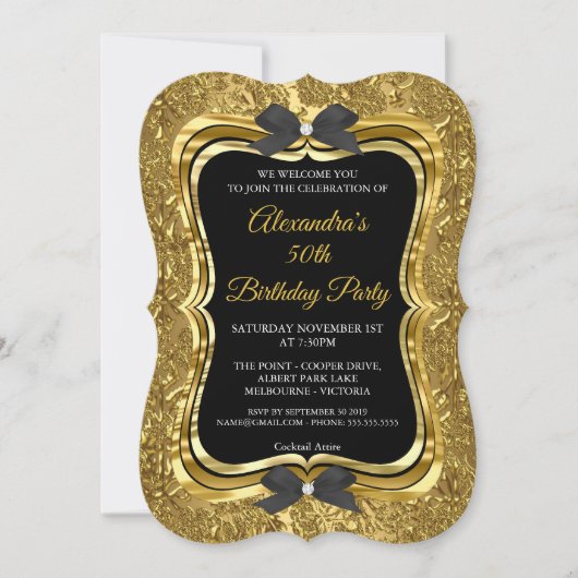 50thエレガントバースデーパーティー金ゴールドゴールデンブラック2 招待状 (正面)