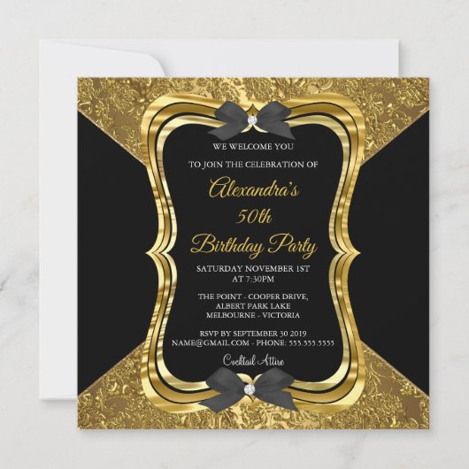 50thエレガントバースデーパーティー金ゴールドゴールデンブラック 招待状 (正面)