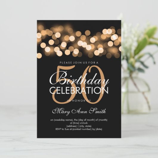 50thエレガントバースデーパーティー金ゴールドハリウッドグラム 招待状 (スタンド正面)