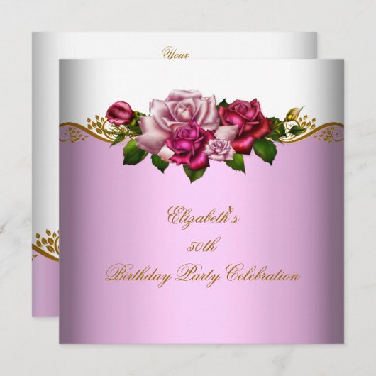 50thエレガントバースデーパーティー金ゴールドピンクローズ 招待状 (正面/裏面)