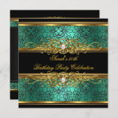 50thエレガント誕生日パーティジェードグリーン金ゴールドダマスク 招待状 (正面/裏面)