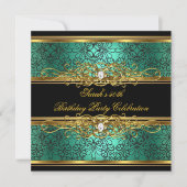 50thエレガント誕生日パーティジェードグリーン金ゴールドダマスク 招待状 (正面)