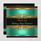 50thエレガント誕生日パーティジェードグリーン金ゴールドブラック 招待状 (正面/裏面)