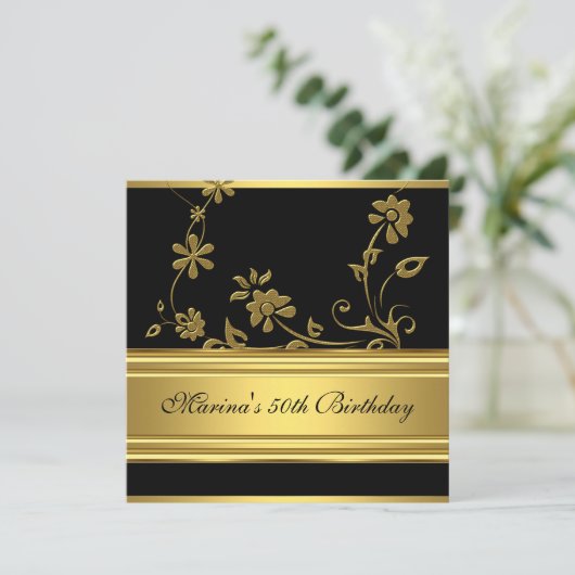 50thエレガント誕生日パーティブラック金ゴールドフローラ2 招待状 (スタンド正面)