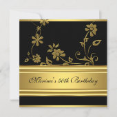 50thエレガント誕生日パーティブラック金ゴールドフローラ2 招待状 (正面)