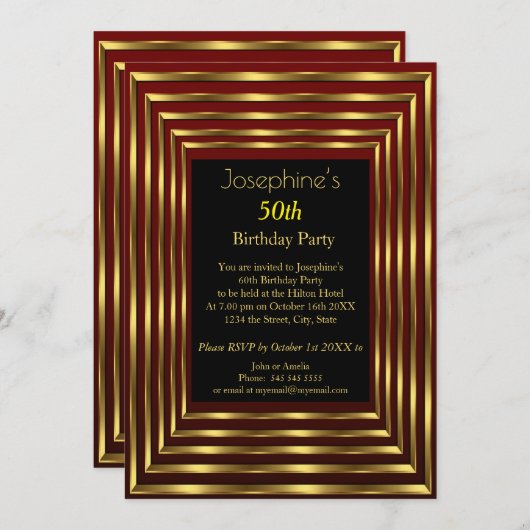 50thエレガント誕生日パーティブルゴーニュ金ゴールドブラック 招待状 (正面/裏面)