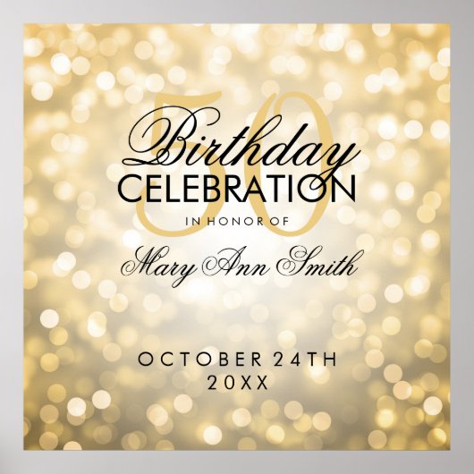 50thエレガント誕生日パーティーグリッターライト金ゴールド ポスター (正面)