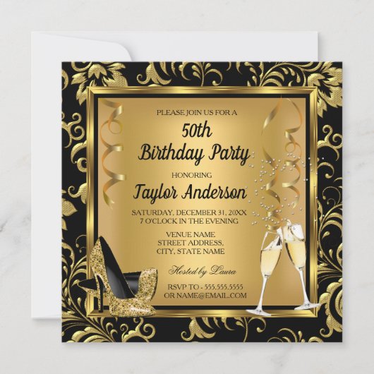 50thエレガント誕生日パーティーヒール・シャンパーニュ写真 招待状 (正面)