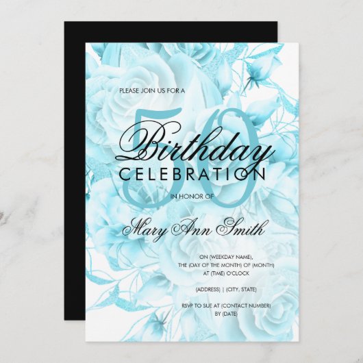 50thエレガント誕生日パーティーフローラティール（緑がかった色）ホワイト 招待状 (正面/裏面)