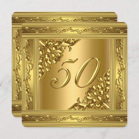 50thエレガント誕生日パーティー金ゴールドゴールデンフレーム 招待状 (正面/裏面)