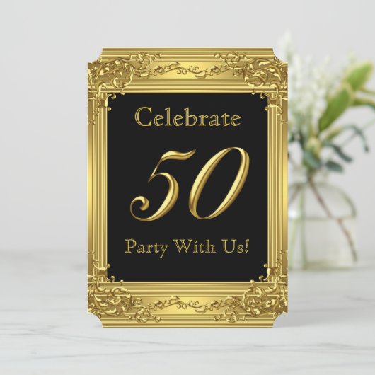 50thエレガント誕生日パーティー金ゴールドゴールデン50ブラック2 招待状 (スタンド正面)