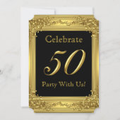 50thエレガント誕生日パーティー金ゴールドゴールデン50ブラック2 招待状 (正面)