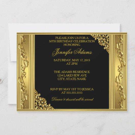 50thエレガント誕生日パーティー金ゴールドゴールデン50ブラック 招待状 (裏面)