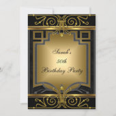 50thエレガント誕生日パーティー金ゴールドブラックアールデコ 招待状 (正面)