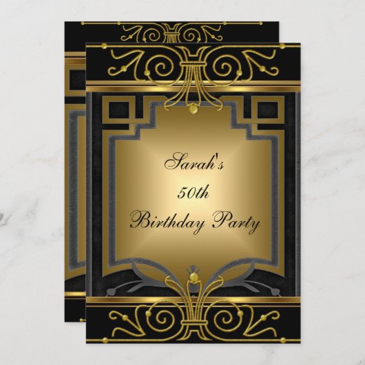 50thエレガント誕生日パーティー金ゴールドブラックアールデコ 招待状 (正面/裏面)