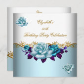 50thエレガント誕生日パーティー金ゴールドブルーバラ 招待状 (正面/裏面)