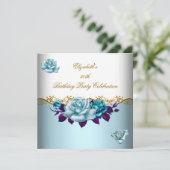 50thエレガント誕生日パーティー金ゴールドブルーバラ 招待状 (スタンド正面)