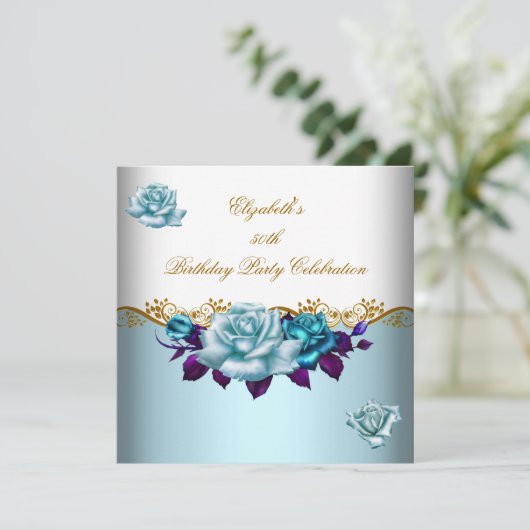 50thエレガント誕生日パーティー金ゴールドブルーバラ 招待状 (スタンド正面)