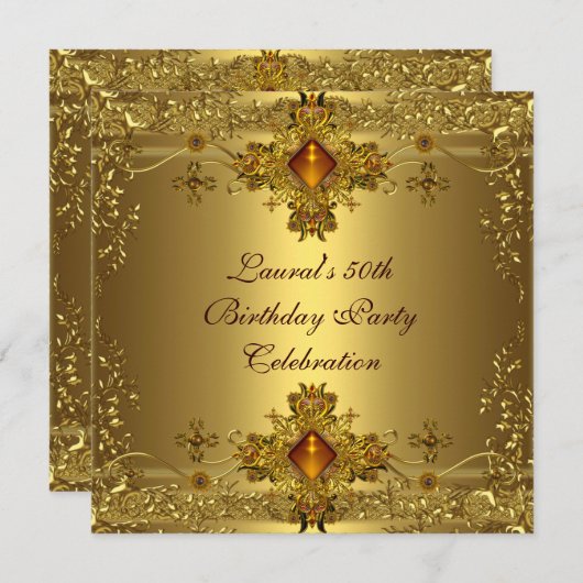 50thエレガント誕生日パーティー金ゴールドレース金ゴールドジュエル 招待状 (正面/裏面)