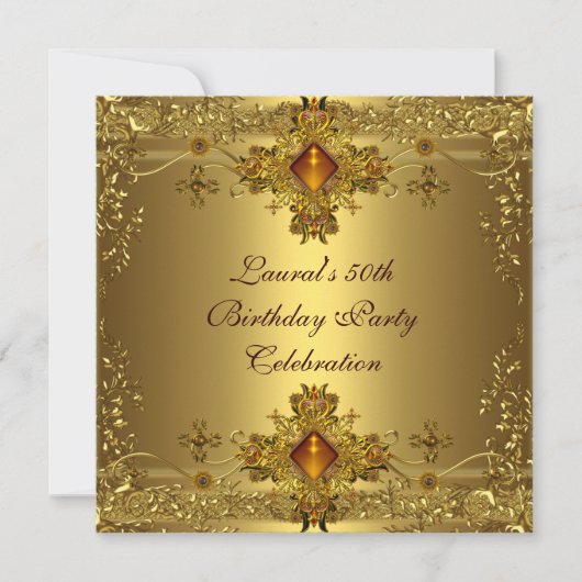 50thエレガント誕生日パーティー金ゴールドレース金ゴールドジュエル 招待状 (正面)