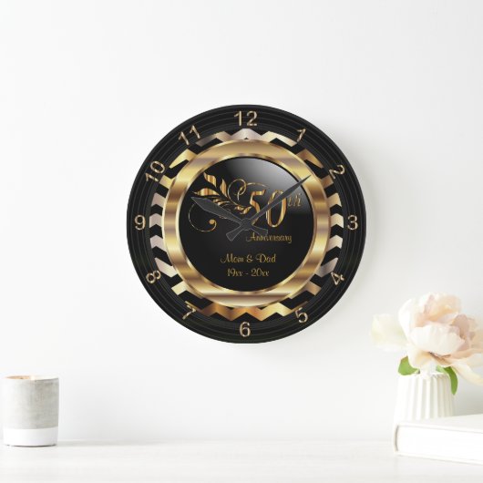 50thエレガント金ゴールドChevron記念日デザイン ラージ壁時計 (ホーム)