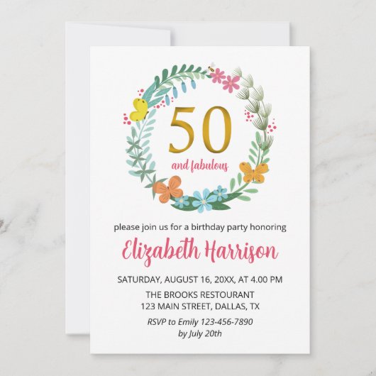 50thゴールデンバースデーパーティーフローラリースバタフライ 招待状 (正面)