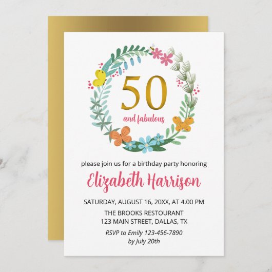 50thゴールデンバースデーパーティーフローラリースバタフライ 招待状 (正面/裏面)