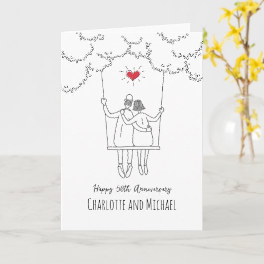 50thゴールデン結婚ズ記念赤いハートスイング カード (黄色い花)